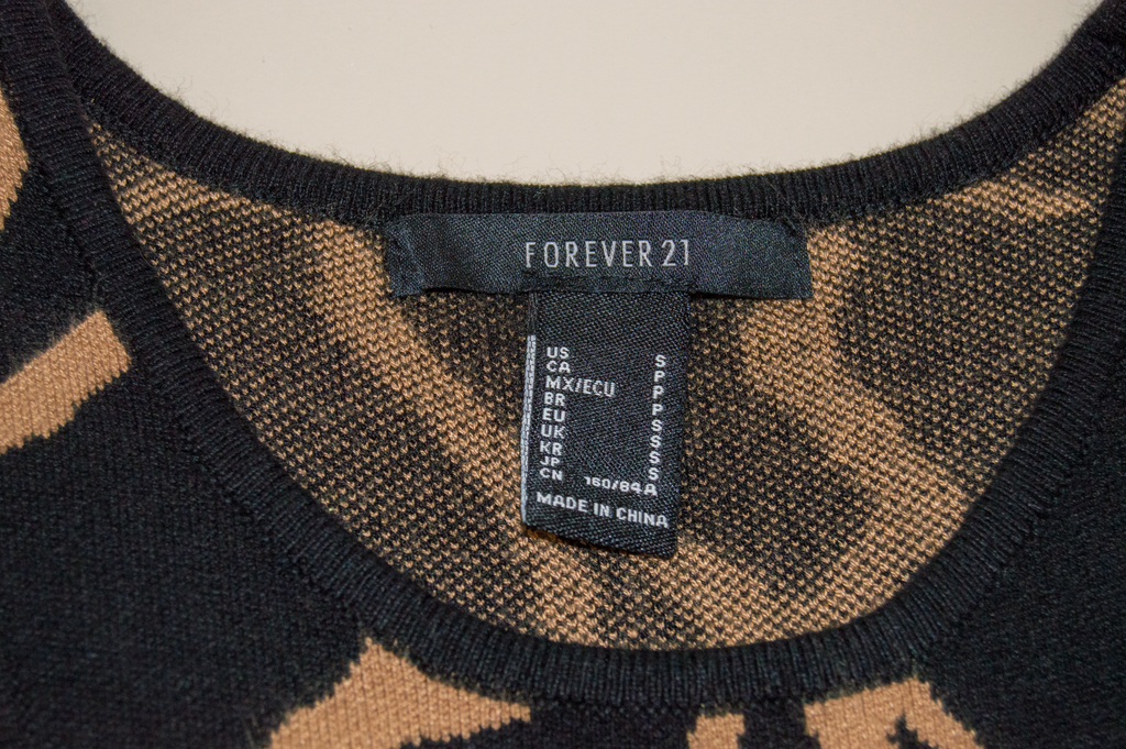 Close-up of a patterned garment with a 'Forever 21' label.