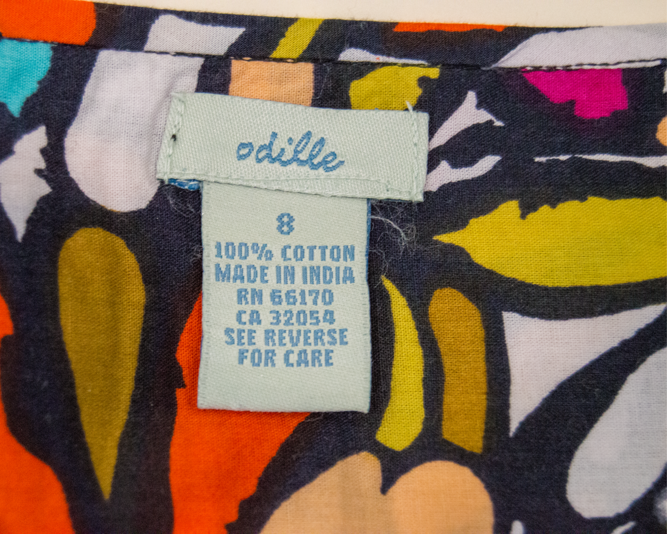 Colorful fabric with a label on a multicolored background