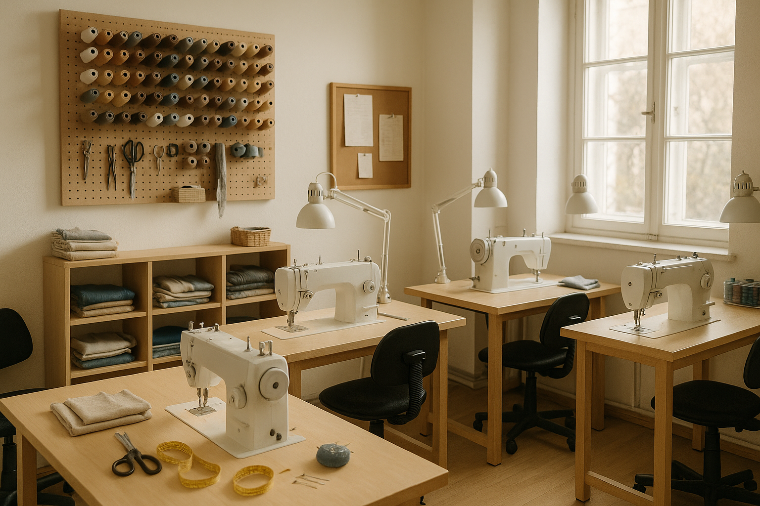 a photo of a sewing room workshop with sewing machines