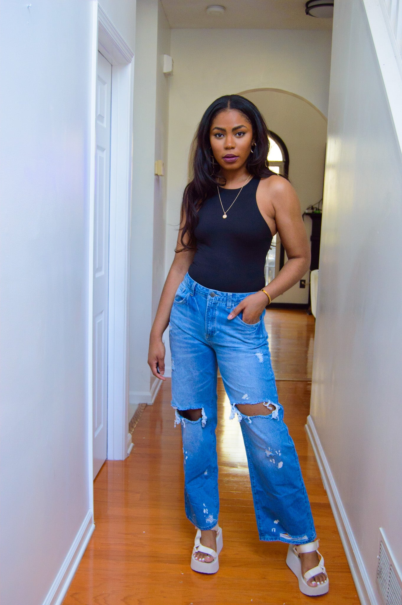 Distressed Mid Rise Denim